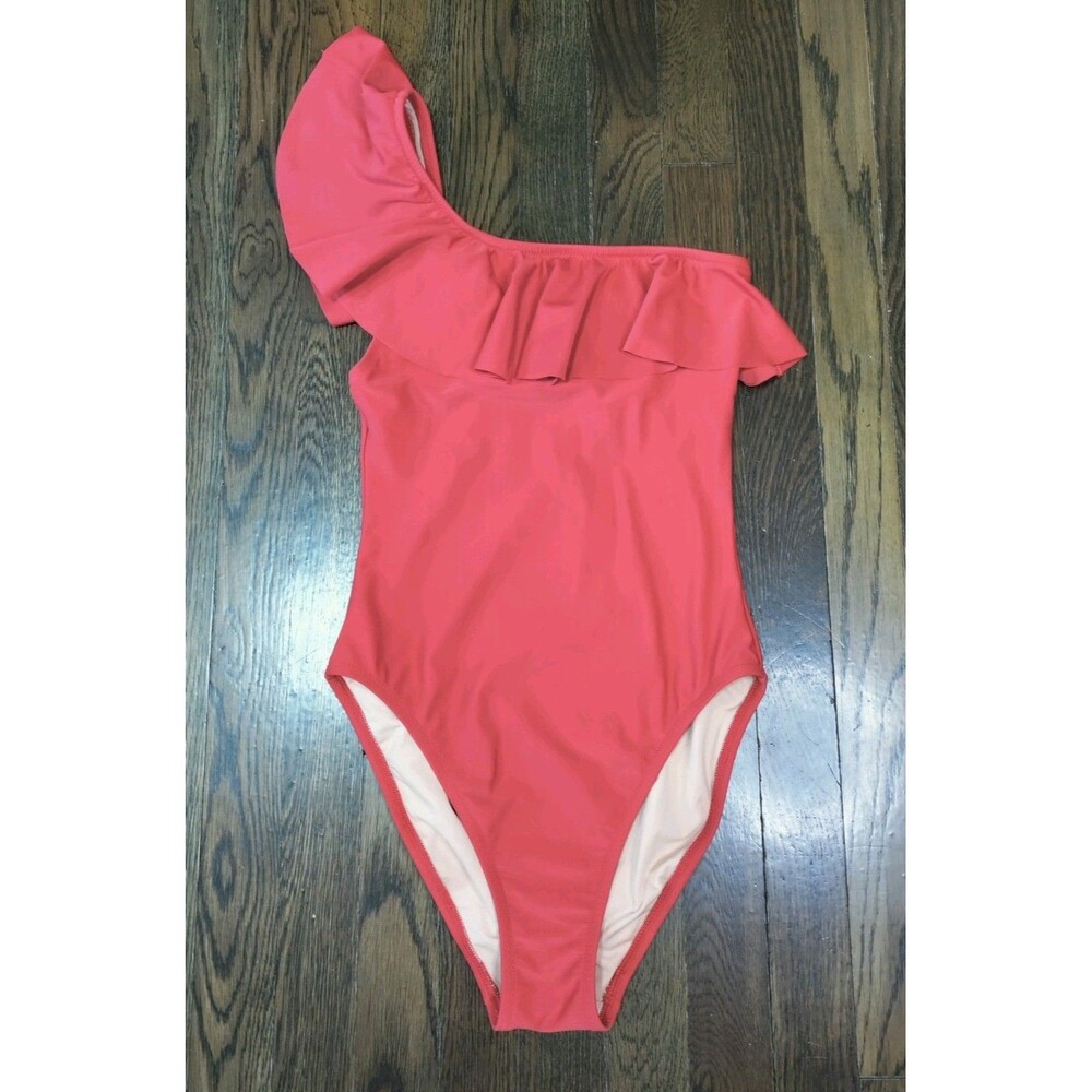 J.CREW Women's One Piece Swimsuit Size S Red One Shoulder Ruffle Neckline Lined